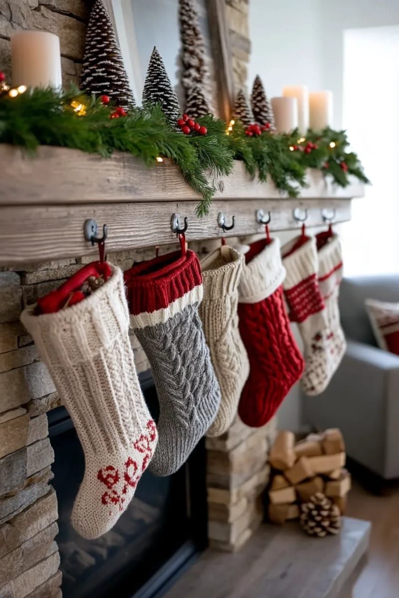 16. Comfortable knitted socks draped over a charming wooden fireplace shelf - photo 2