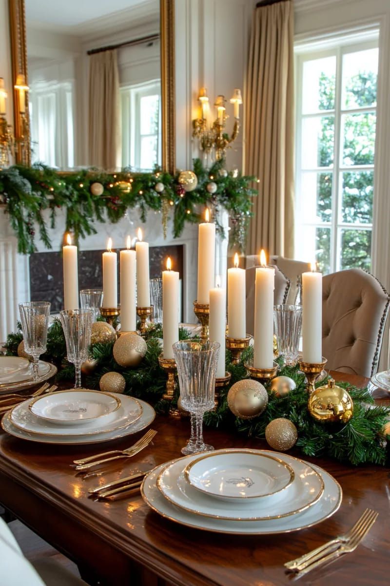 26. Candle Centerpiece With Greenery and Gold Ornaments