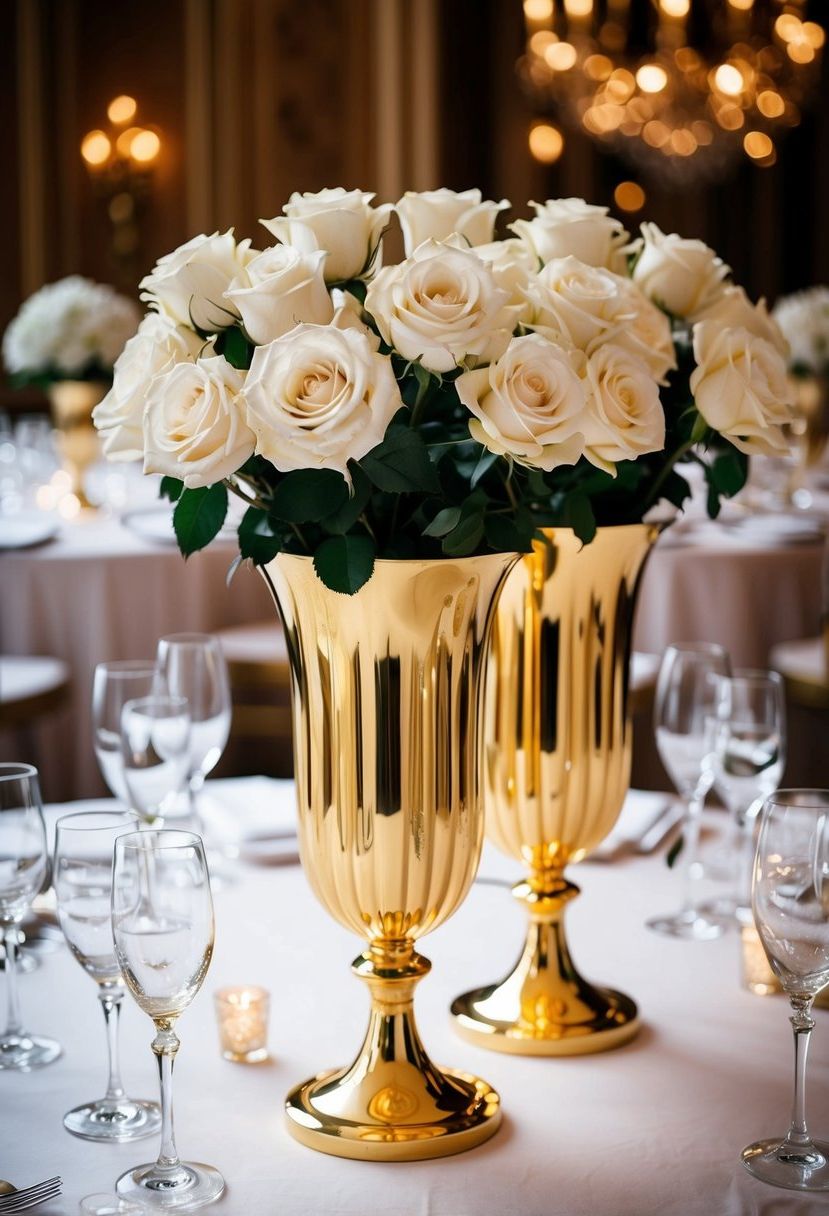 15) Gold vases with white roses
