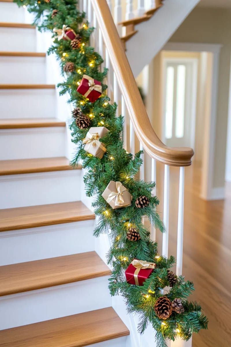17. Staircase Garland With Gift Boxes and Lights - photo 3