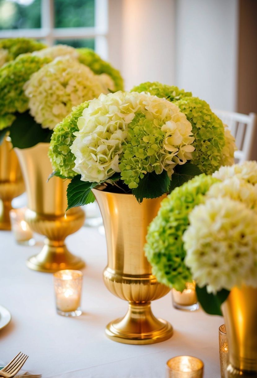 11) Gold vases filled with green hydrangeas