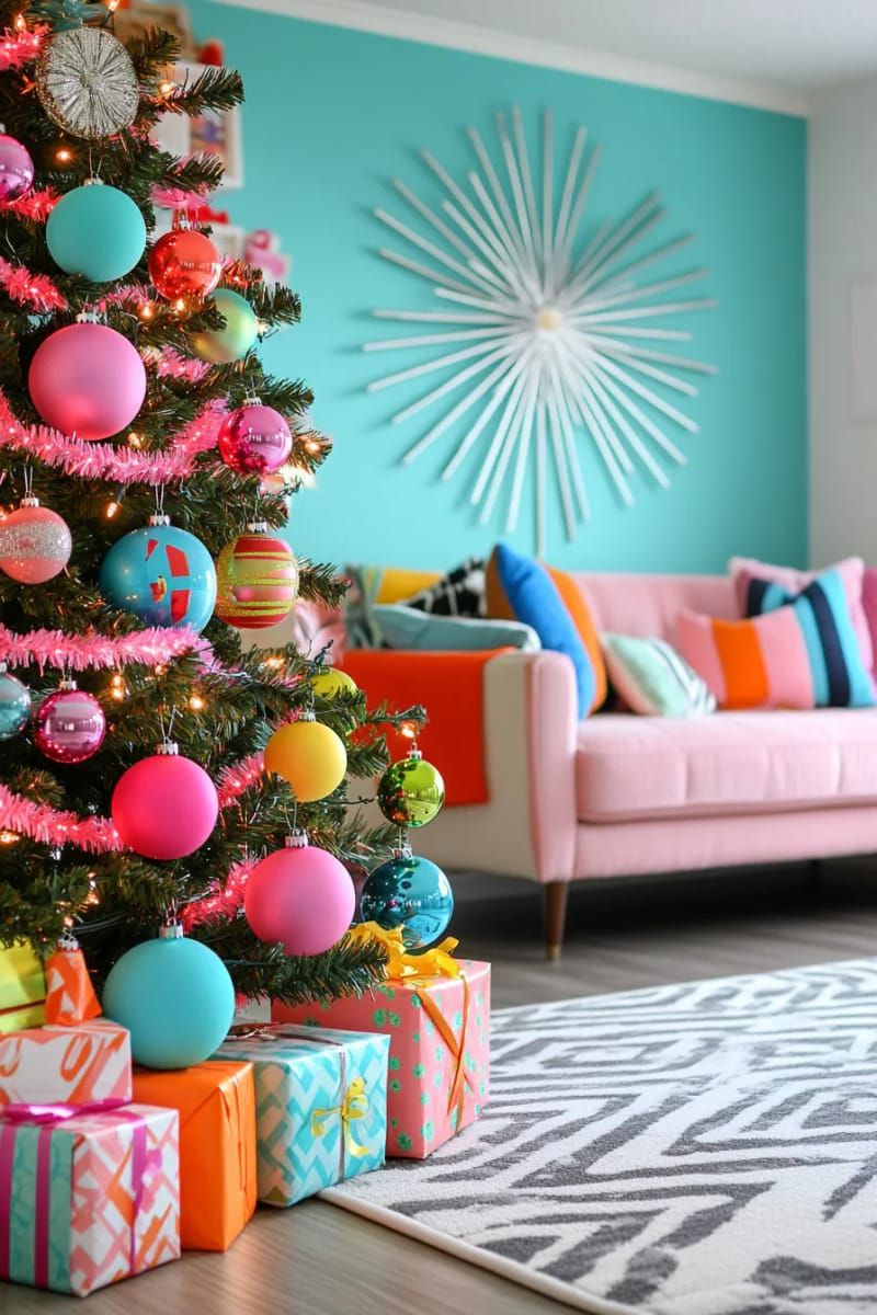 3. Retro Neon Tree With Vintage Tinsel Garland