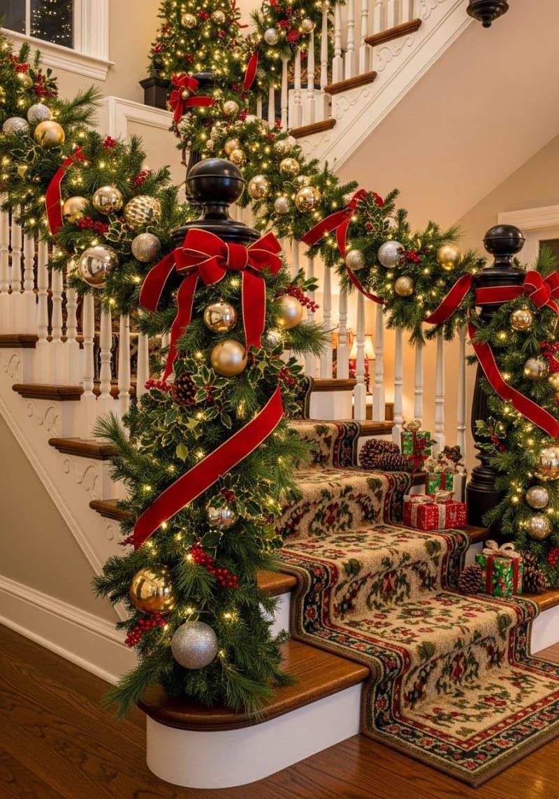 28. Staircase Wrapped in Garland and Velvet Ribbon
