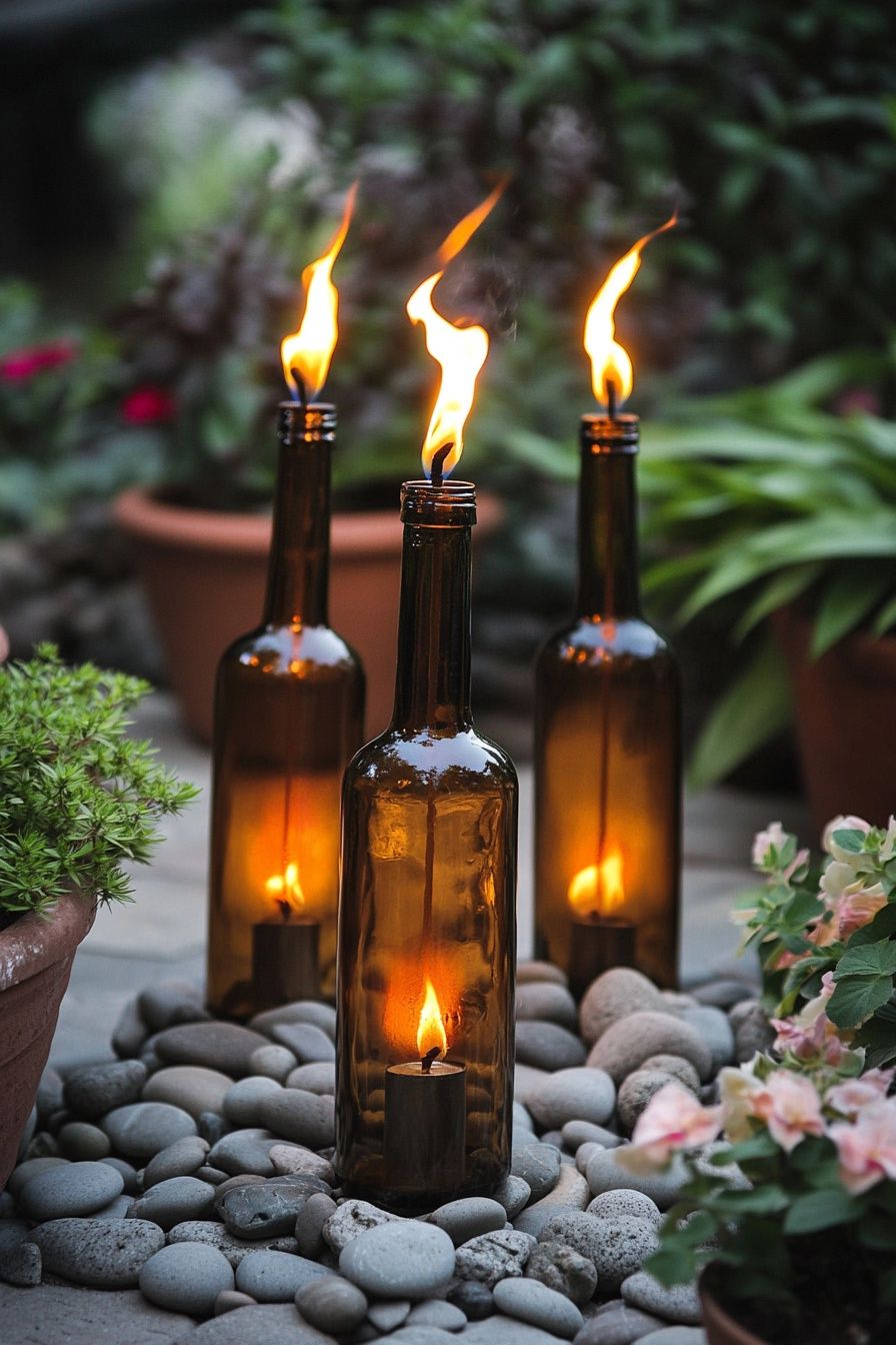 1. Repurpose Wine Bottles into Garden Torches