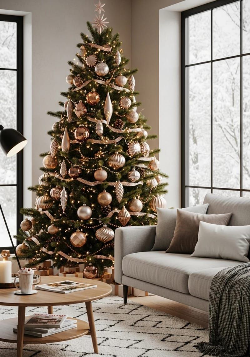 25. Rose gold, copper, and bronze tiered metallic accents