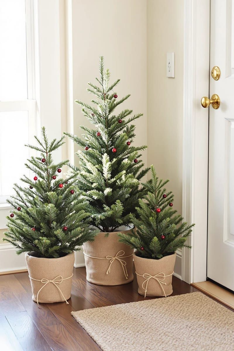 10. Adorable potted Christmas trees in burlap for a quaint entryway