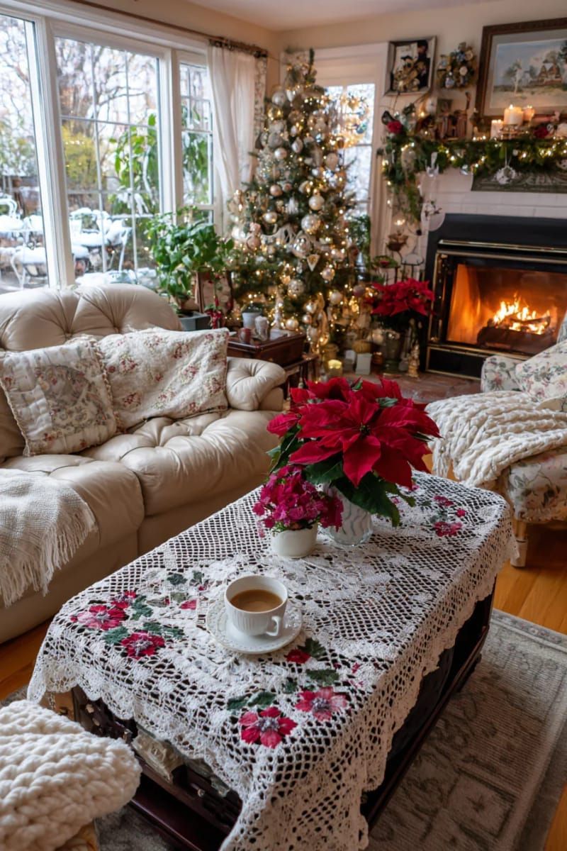 13. Embroidered Tablecloths with Holly Designs