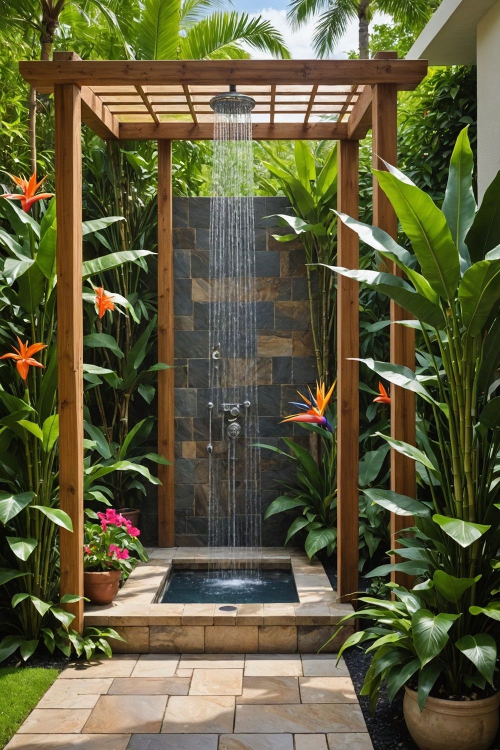 Outdoor Poolside Shower With Tropical Plants