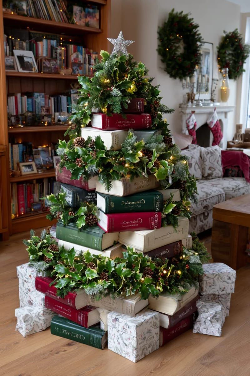 19. Stacked book tree wrapped in greenery and lights