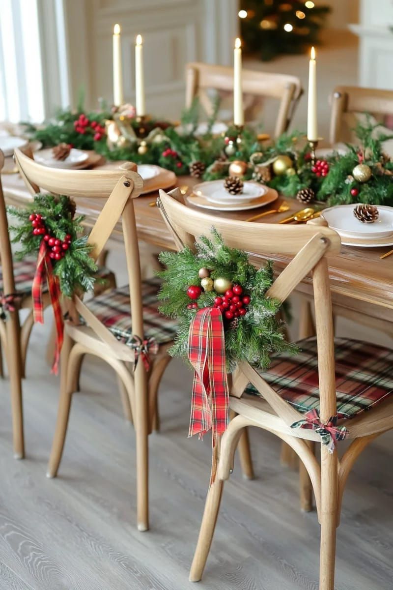 30. Mini Wreaths Tied to Dining Chairs With Tartan Ribbon - photo 2