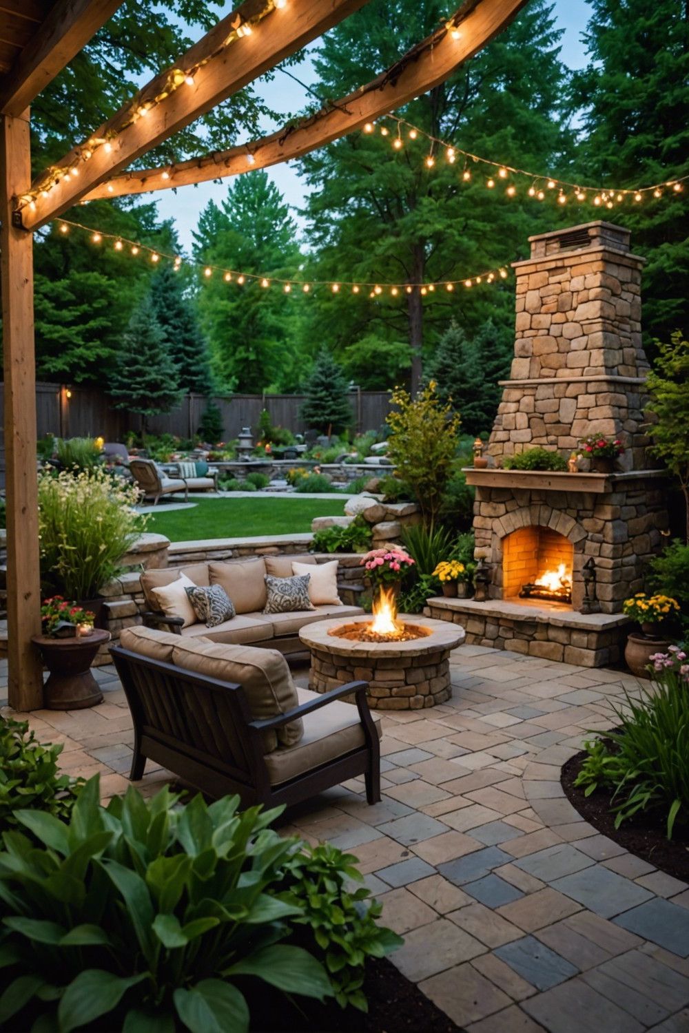 Backyard Retreat Featuring Fireplace and Water Feature
