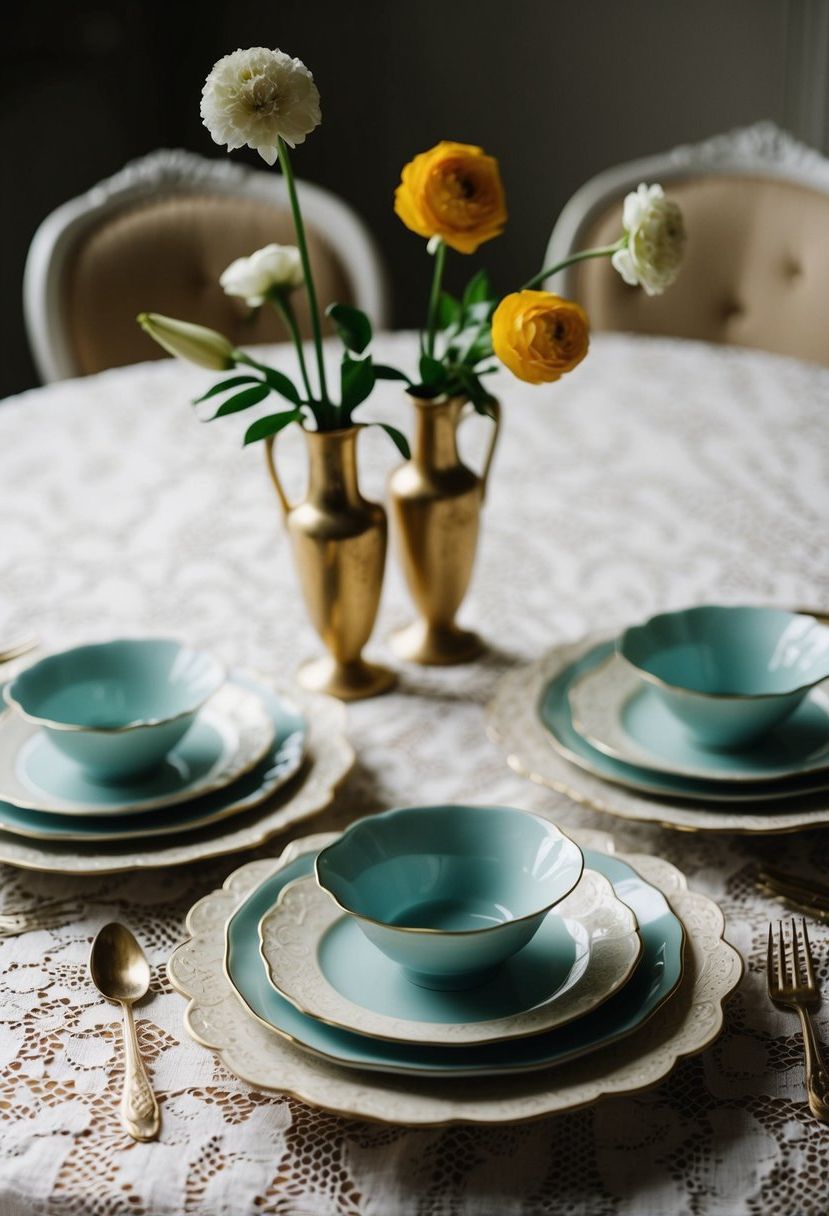 12) Pair Bud Vases with Vintage Dinnerware