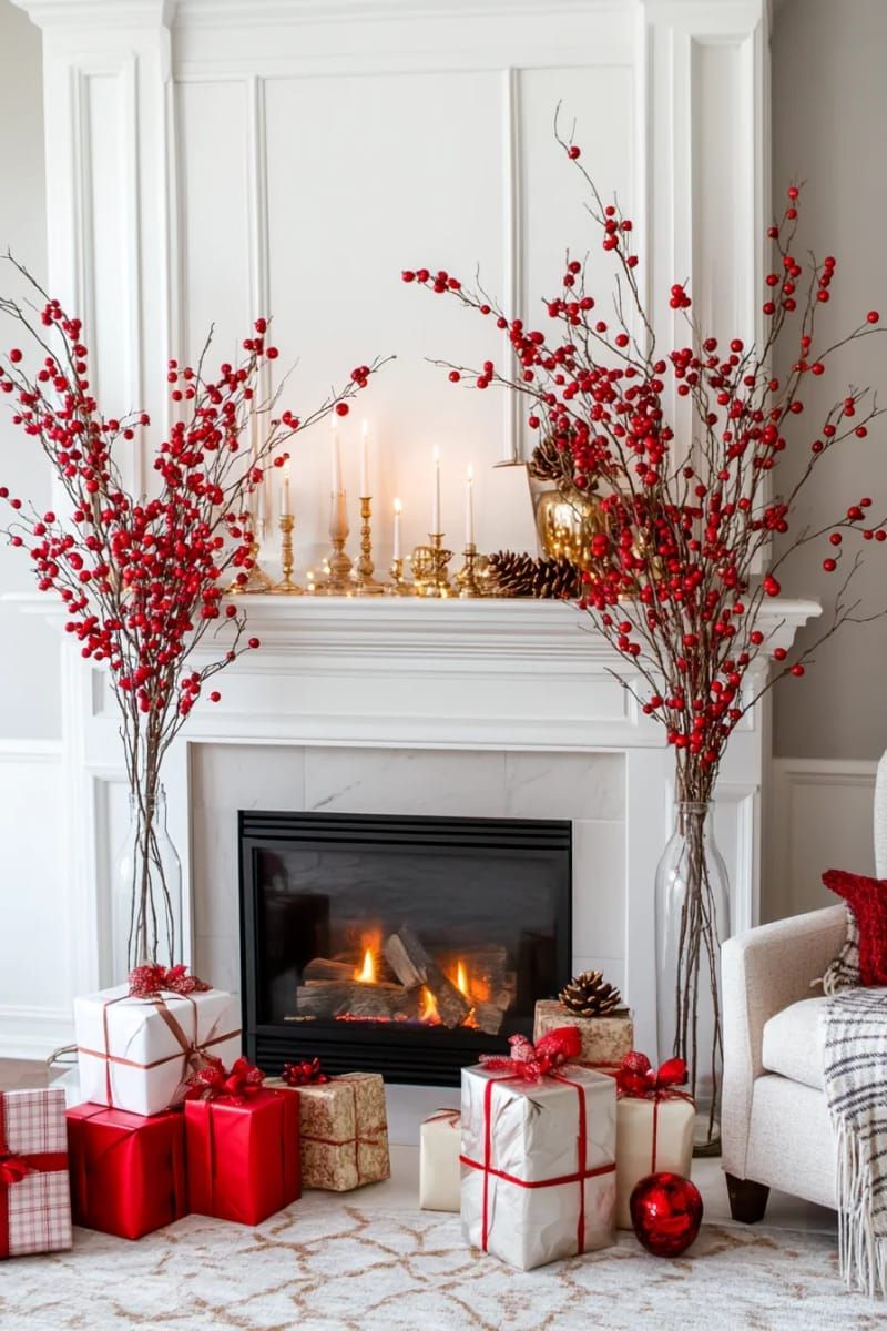 16. Red berry branch vases beside the fireplace - photo 2