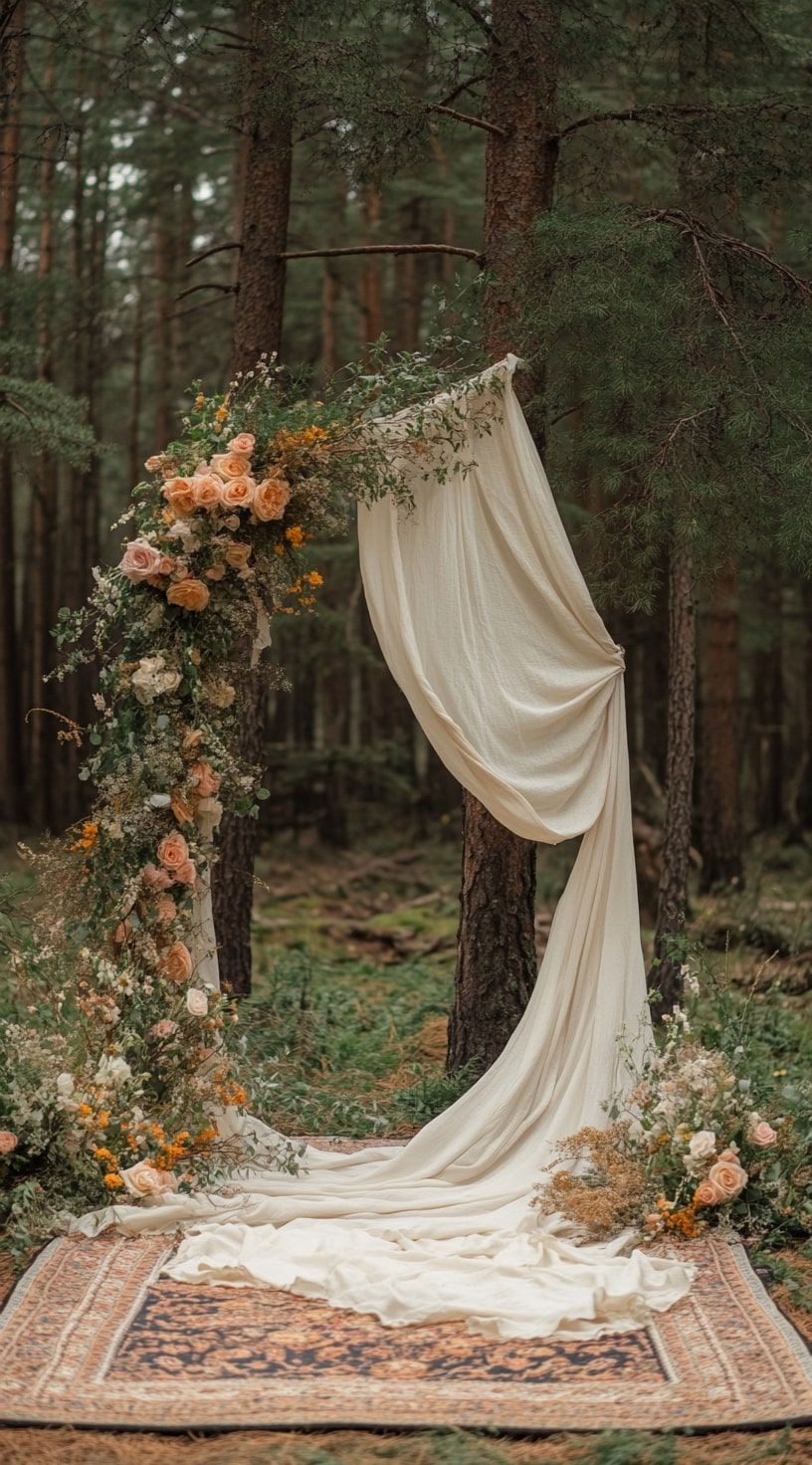 12. Boho Ceremony Backdrop With Loose Florals