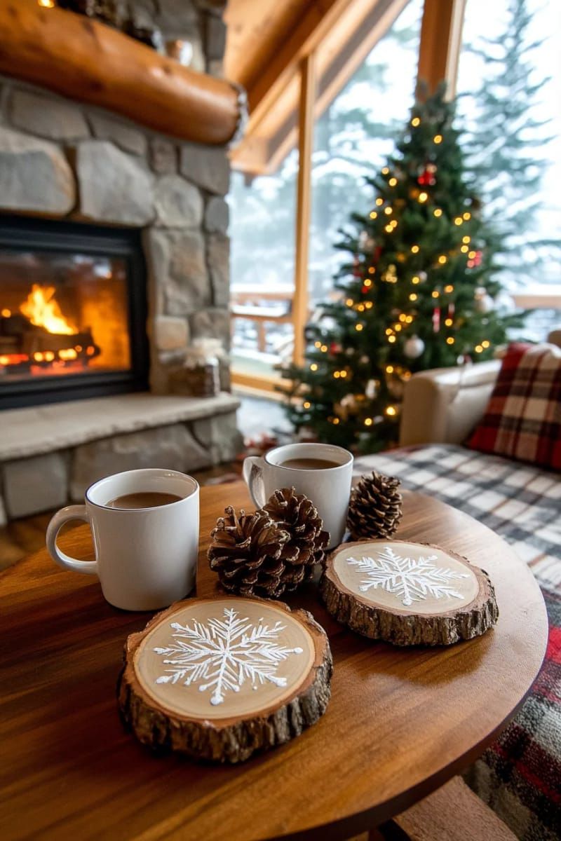 6. Snowflake-Painted Wood Slice Coasters