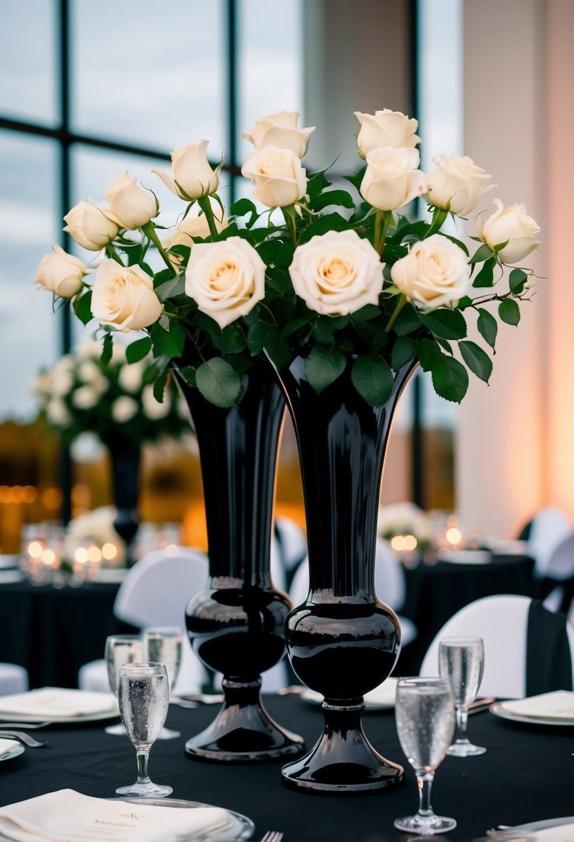 2) Tall Black Vases With White Roses