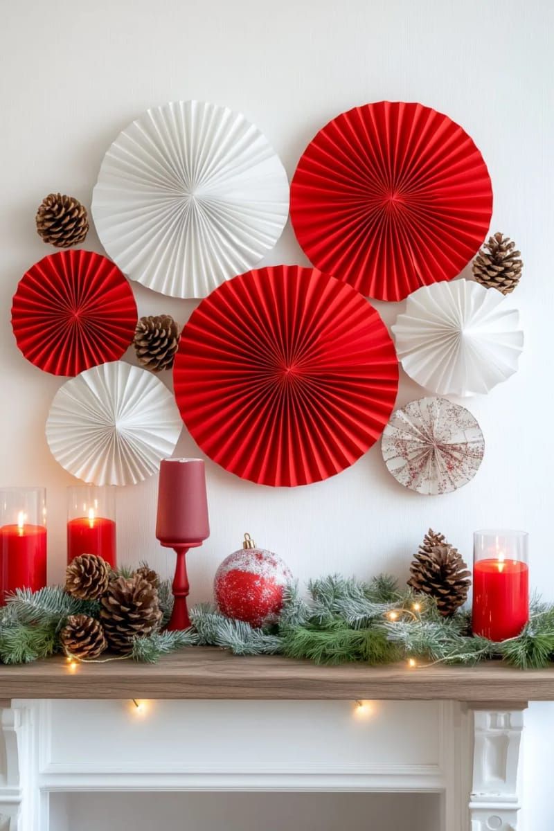 21. Red and White Paper Decor Paired with Pinecones