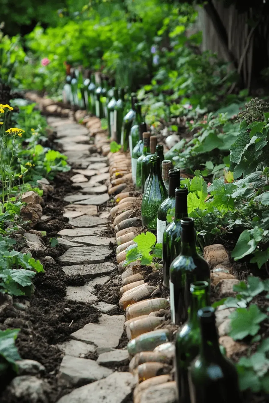 Bordering Garden Beds with Wine Bottles