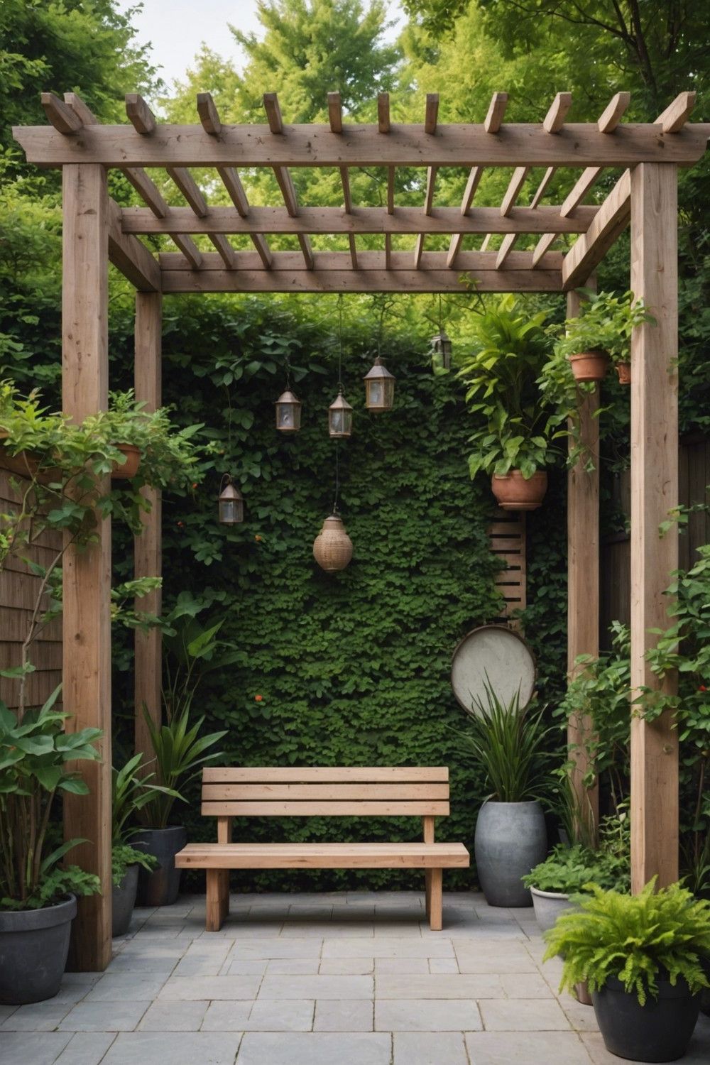 6) Minimalist Pergola with a Simple Bench