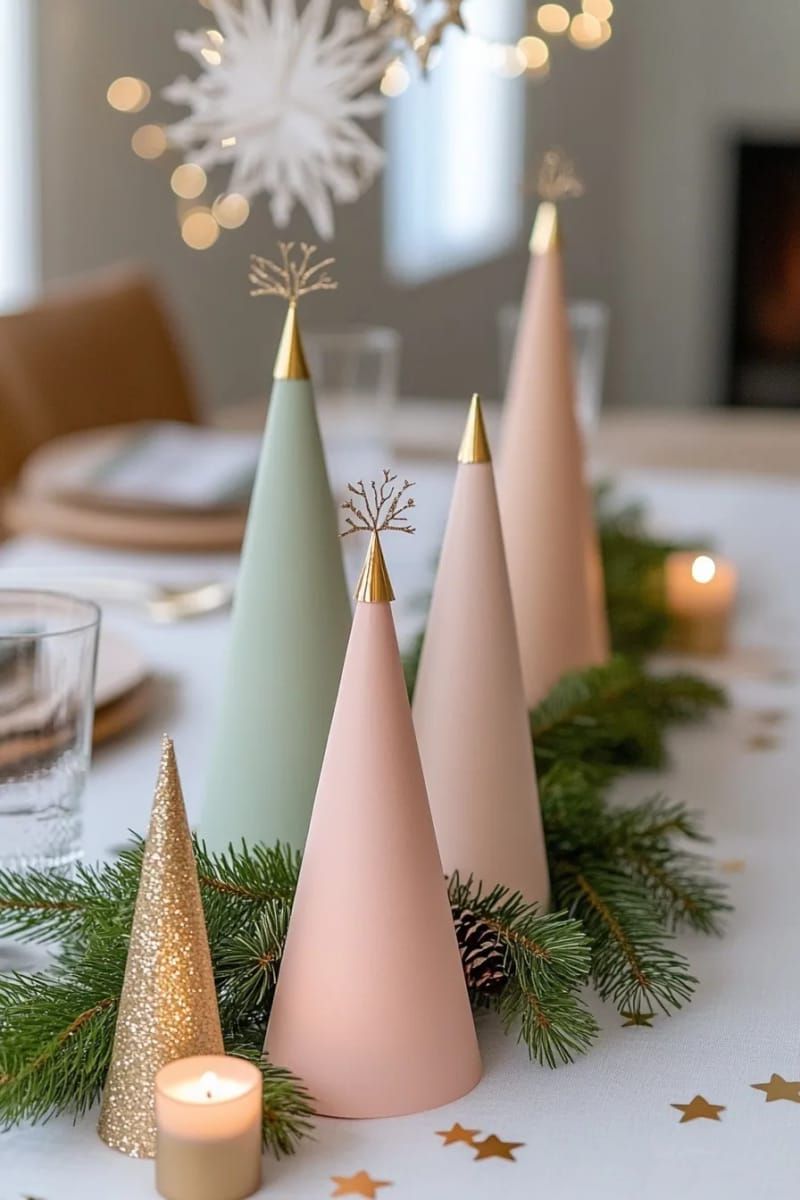 7. Gold-Tipped Paper Cone Trees for Table Settings