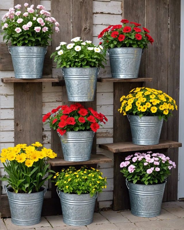 3) Galvanized Buckets as Flower Planters