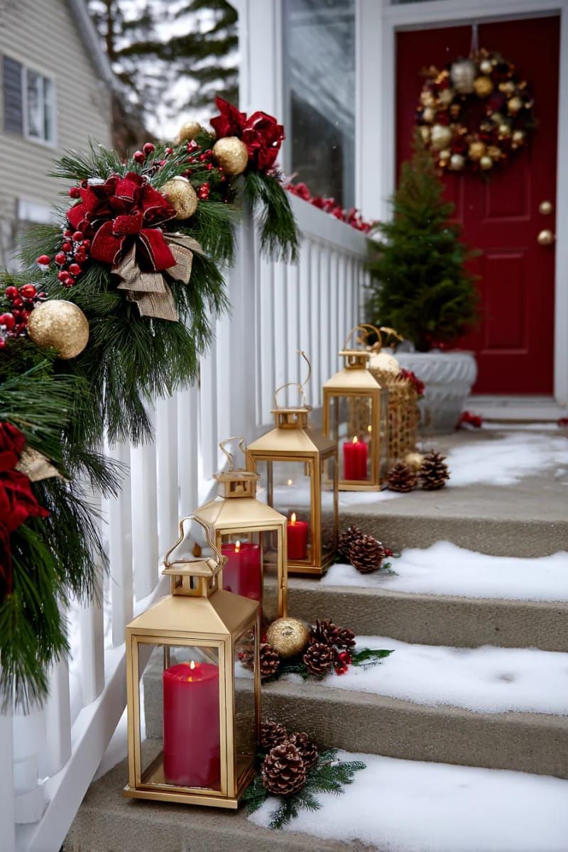 2. Gold Lanterns With Red Candles On Snowy Steps - photo 2