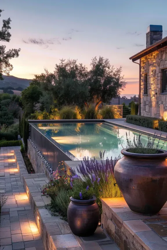 Stone Features and Garden Color Around the Pool