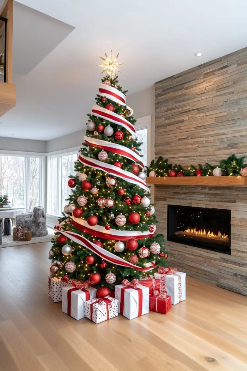 7. Spiral candy cane stripes for a playful tree