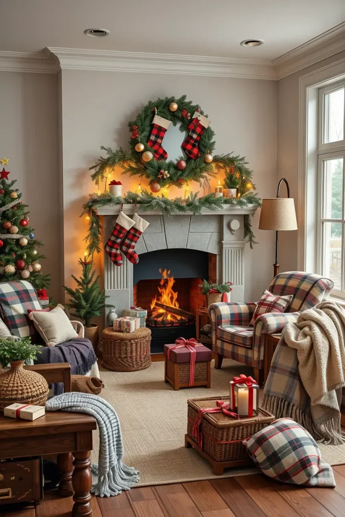 Cozy Plaid and Knit Fabric Fireplace Decor