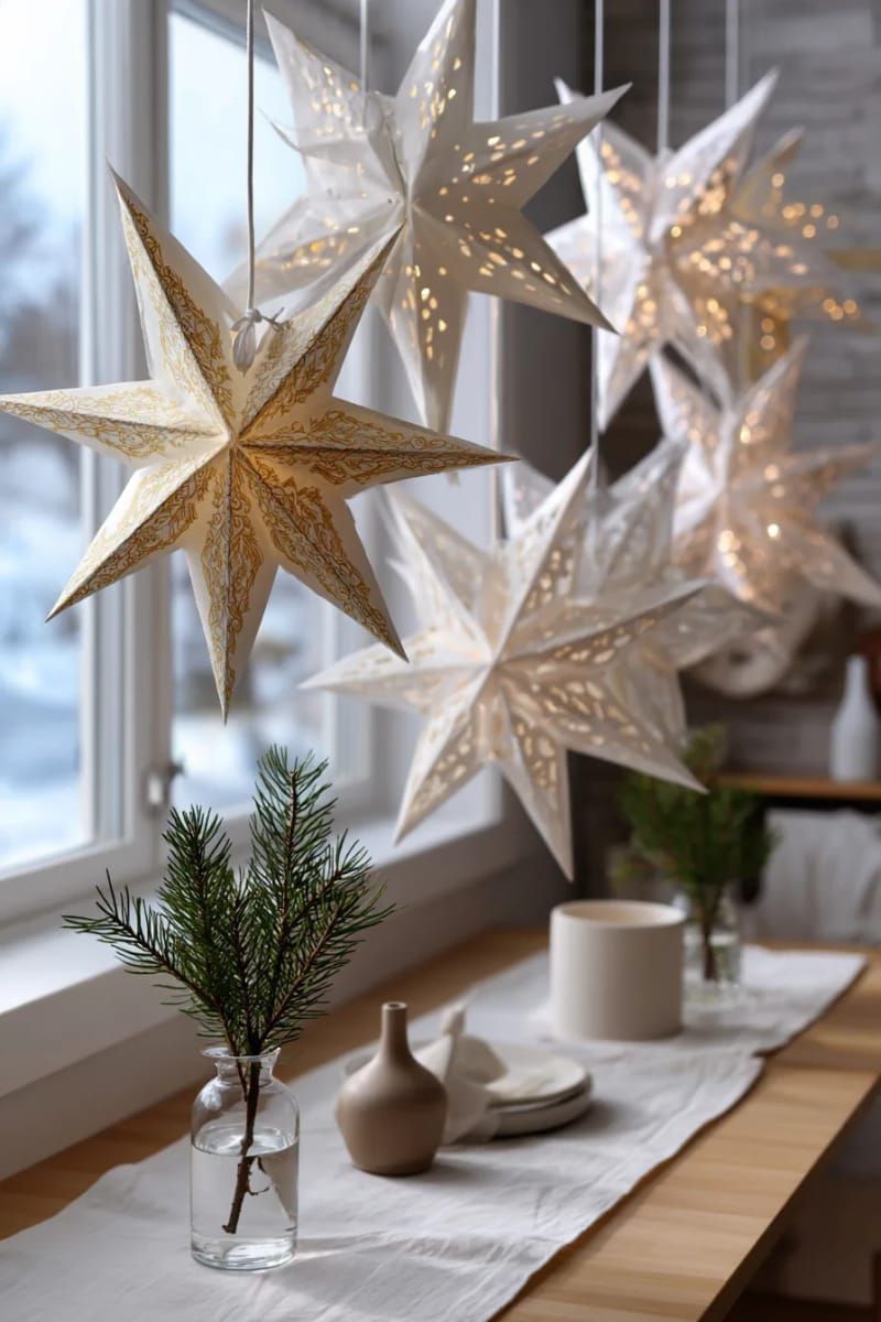6. Scandinavian Paper Star Lanterns At Varying Heights