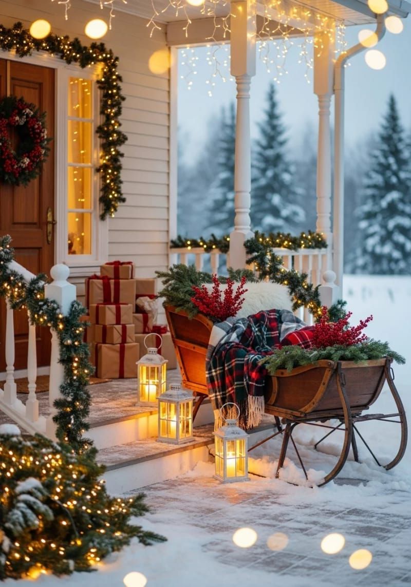 28. Porch sled styled with plaid blankets and pine sprigs - photo 2