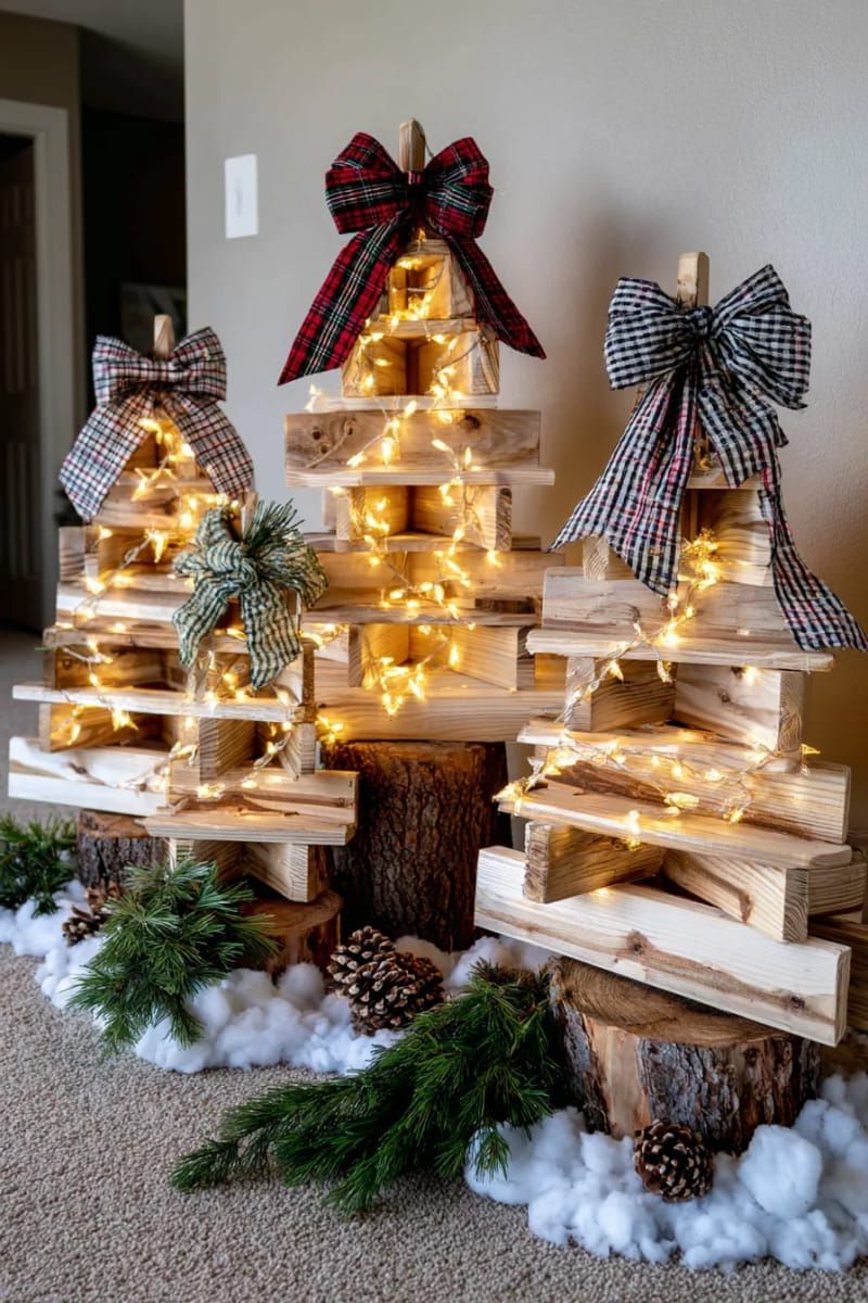 16. Layered pallet trees with lights and plaid bows