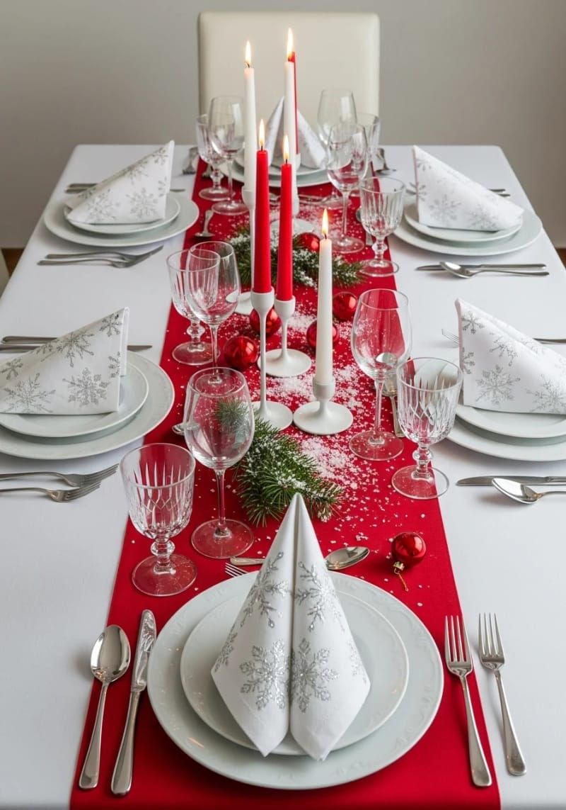 9. Red and white table setting with snowflake napkins - photo 2
