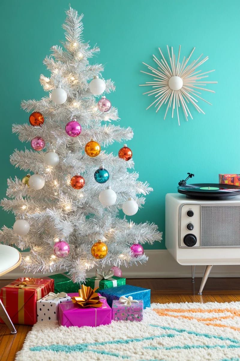 16. Mid-Century Tinsel Tree With Retro Bulbs