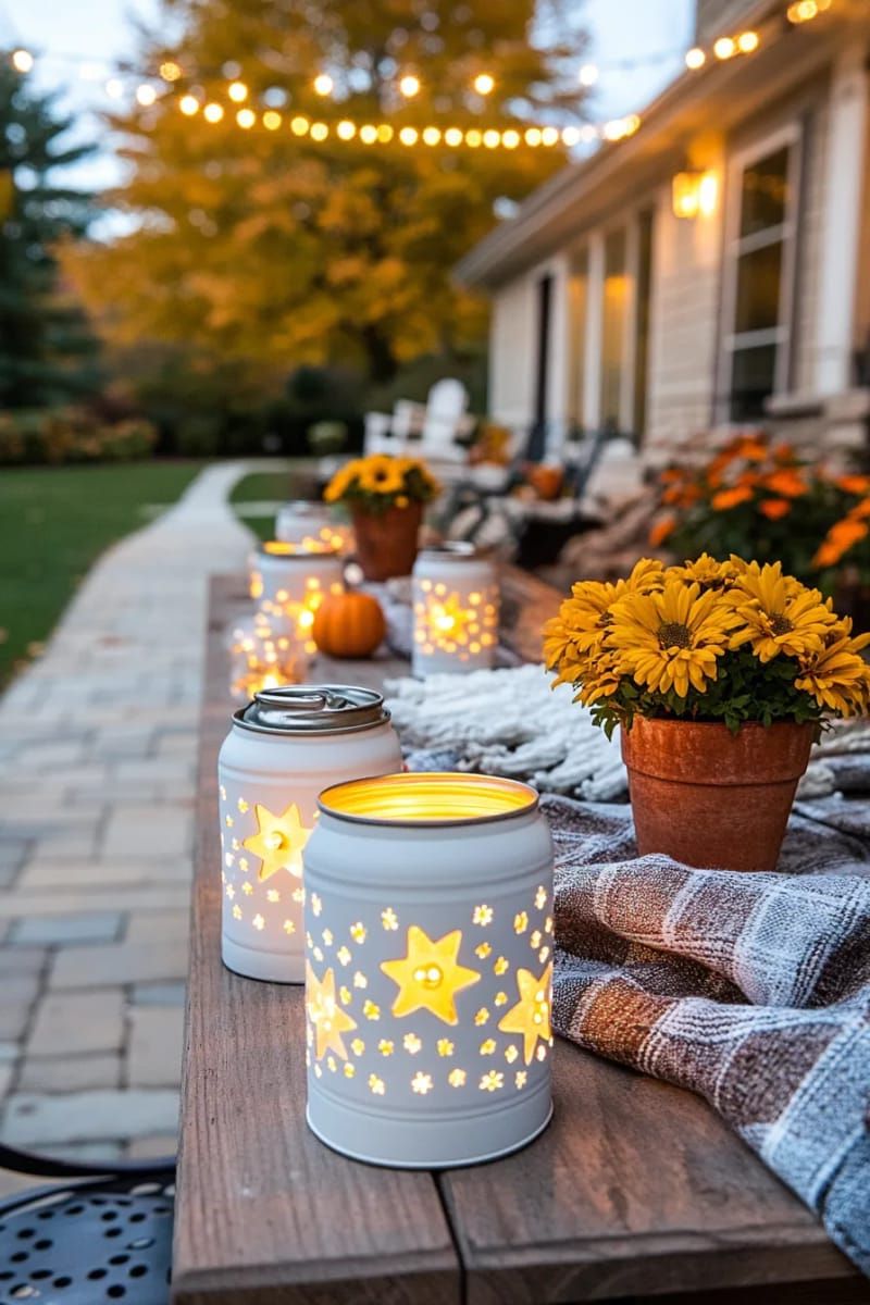 3. Lanterns made from soup cans featuring star-shaped cutouts and tea lights inside - photo 3