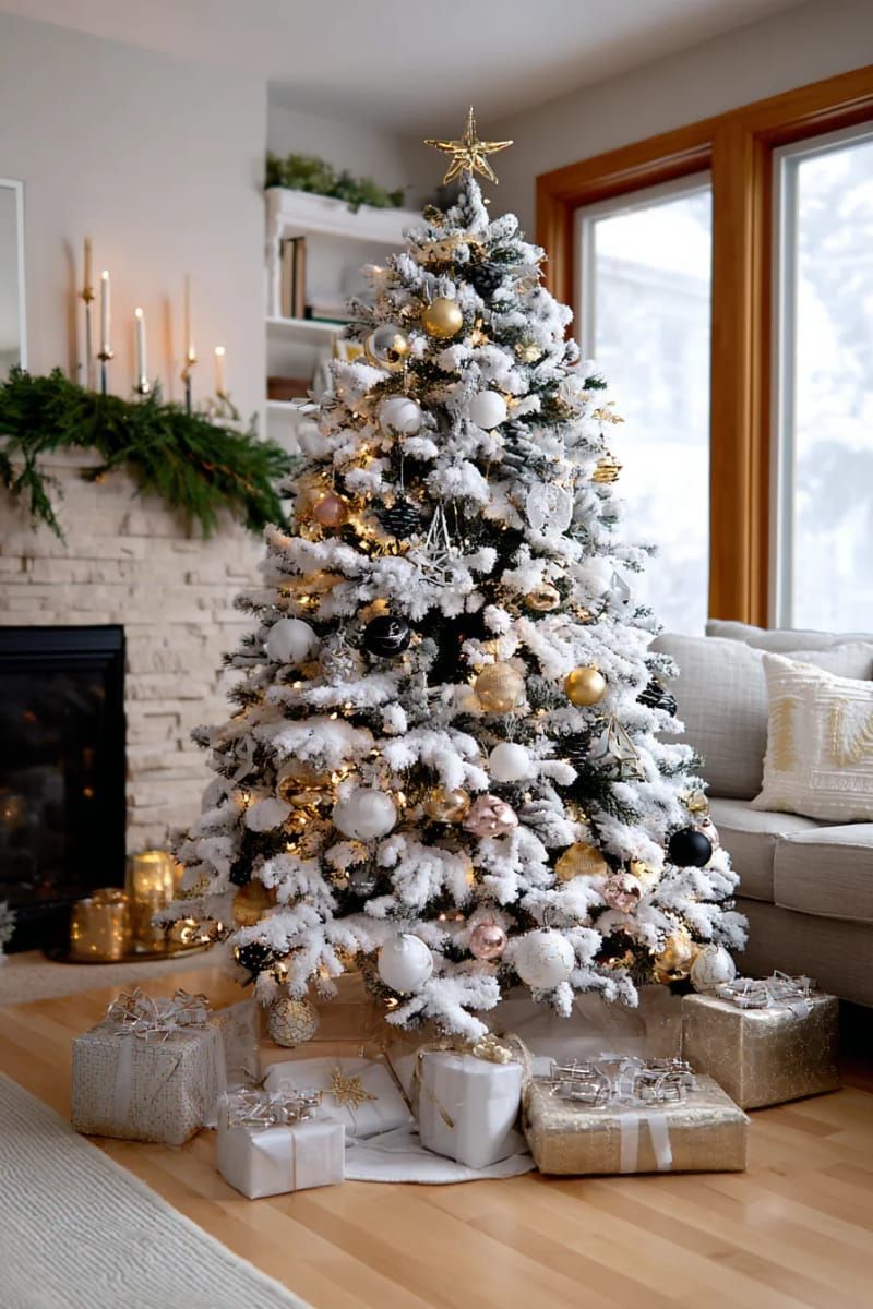 21. Flocked Frosted Tree With Metallic Accents