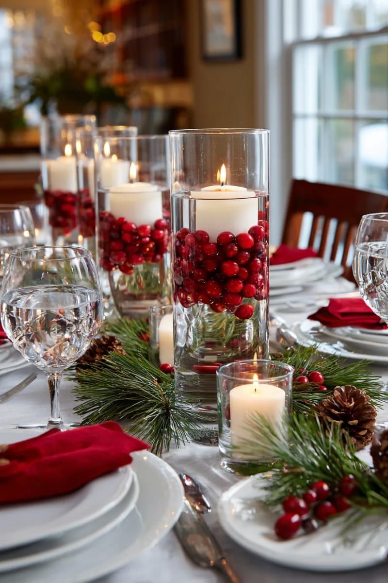 21. Raised Hurricane Vases With Cranberries and Tea Lights