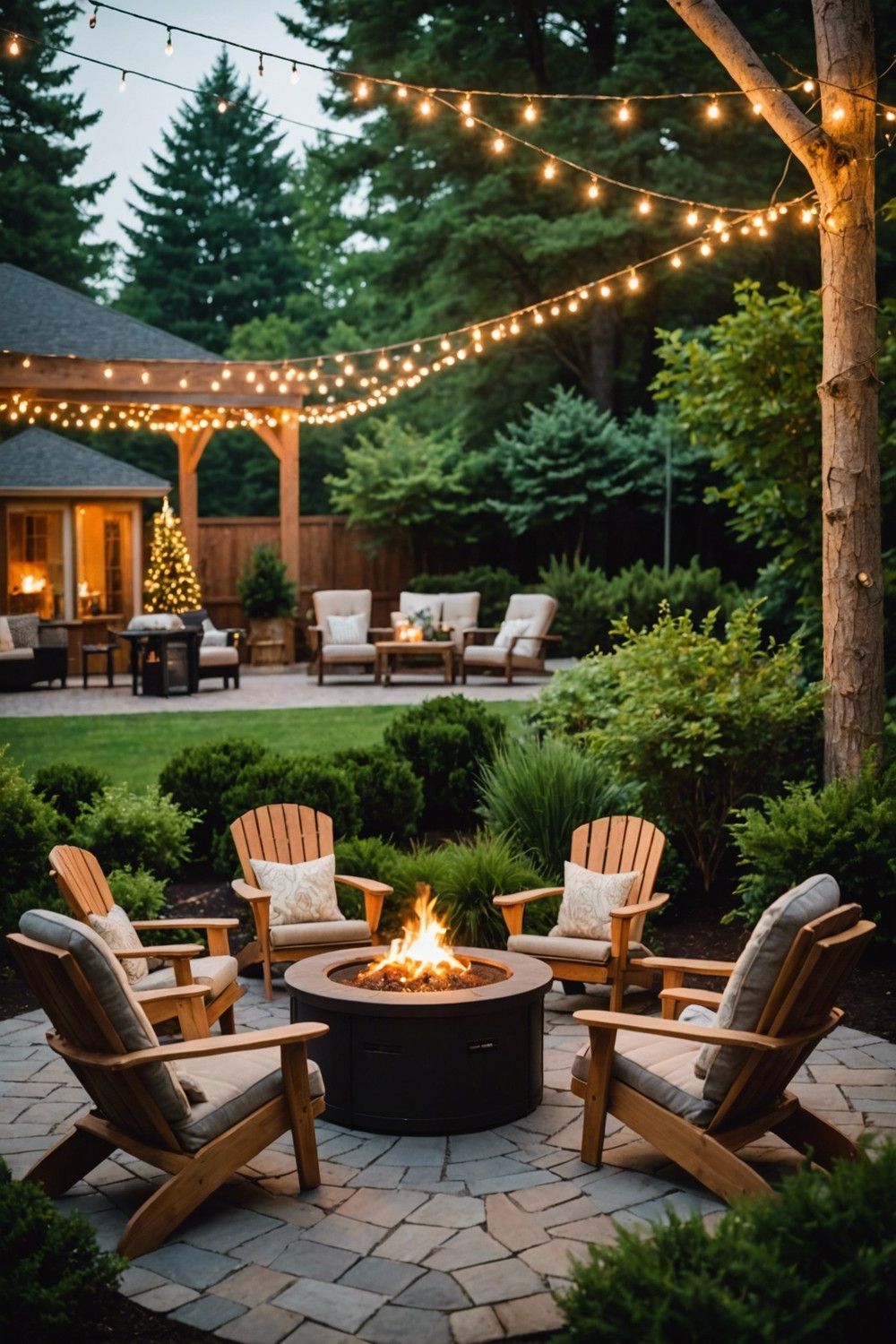 Fire Pit Setup with Adirondack Chairs and Ottoman