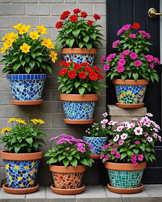 7) Mosaic-Decorated Flower Pots