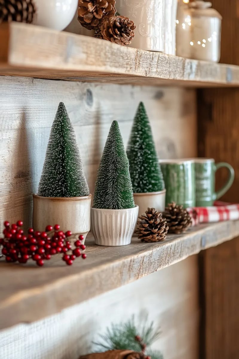 6. Bottle Brush Trees on Reclaimed Wood Shelves