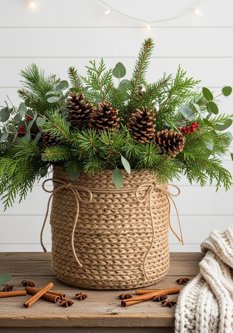 15. Jute Basket Vase With Pine Branches - photo 2