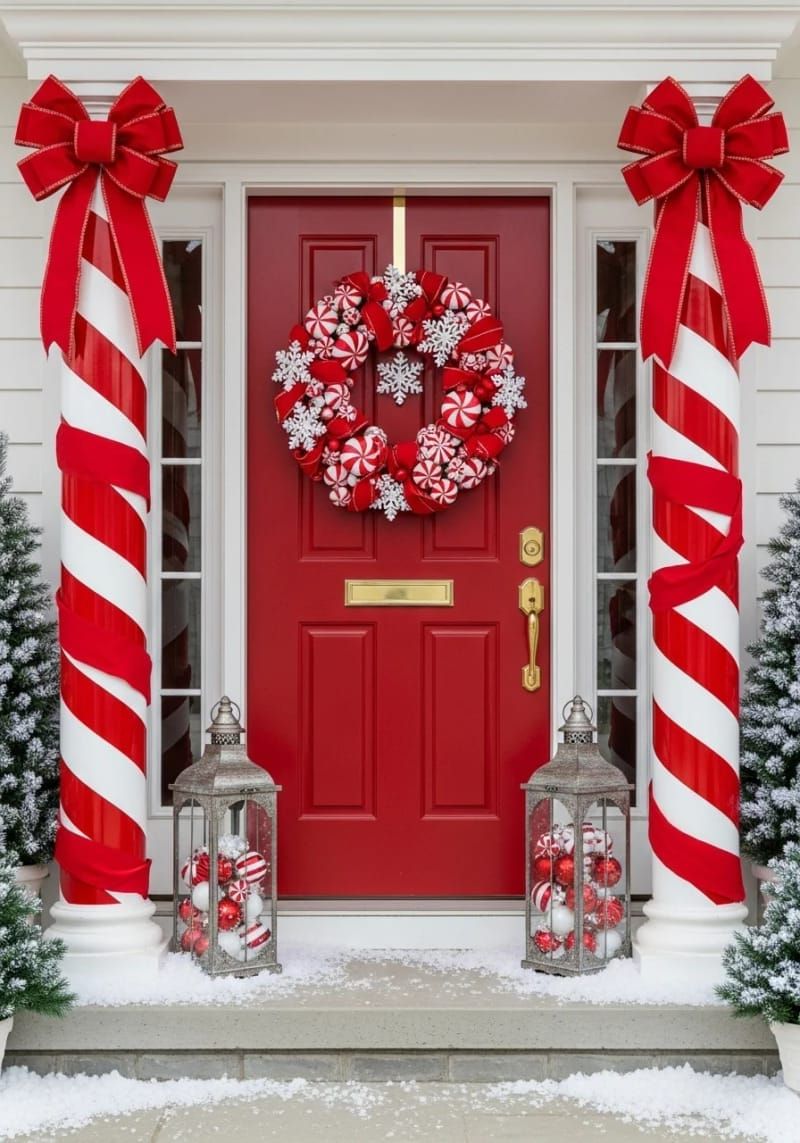 2. Candy Cane Column Wraps with Peppermint Wreath