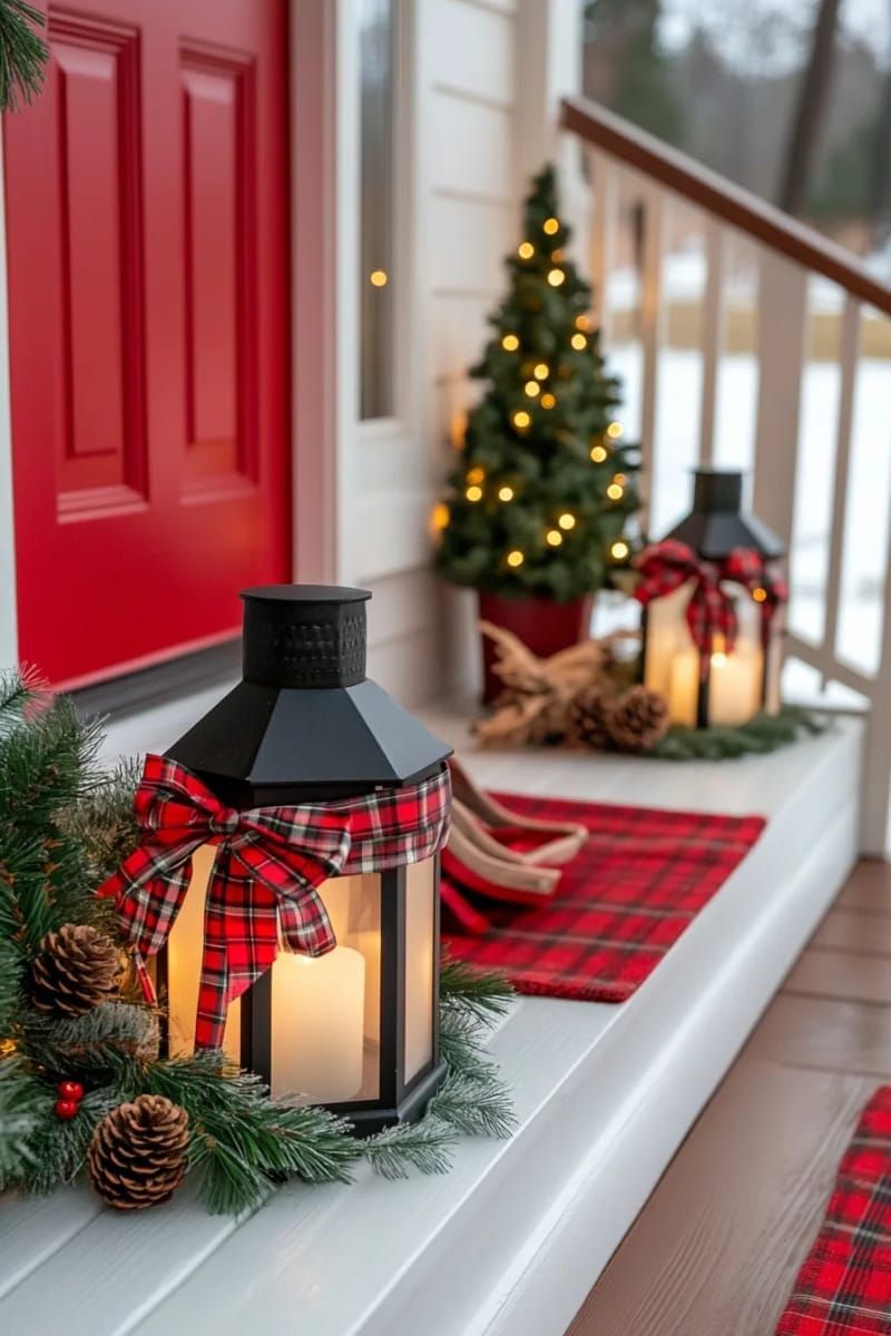 4. Dollar Tree lanterns with ribbon along porch stairs - photo 2