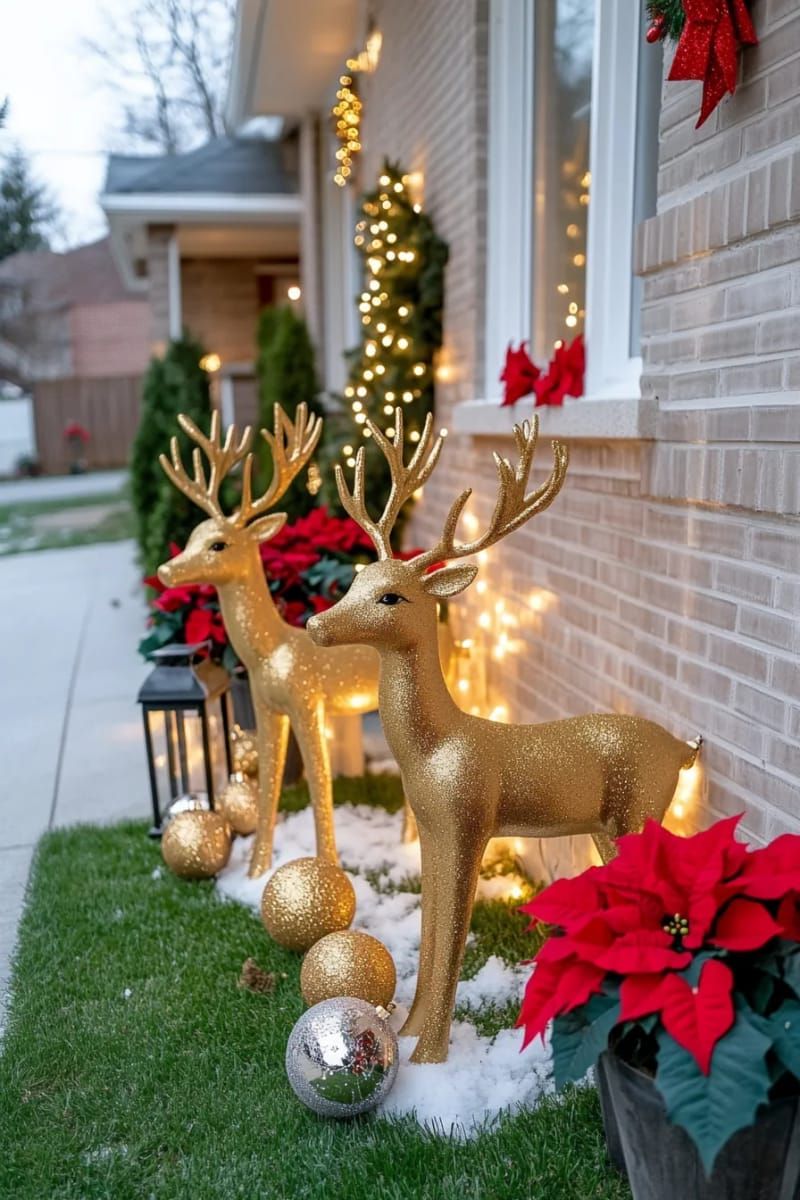 1. Fairy-lit golden reindeer family on the lawn - photo 2