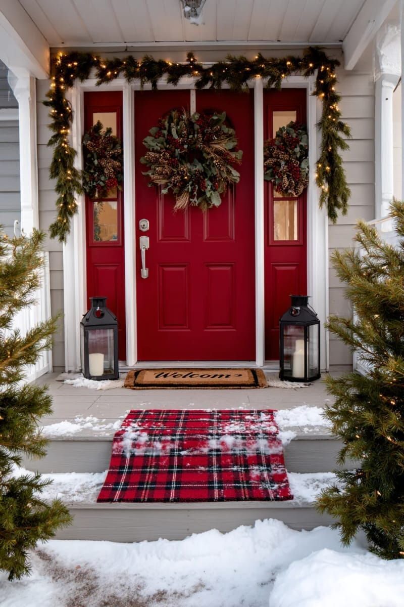 24. Red Door Styled with Layered Wreaths and Plaid Mat - photo 3