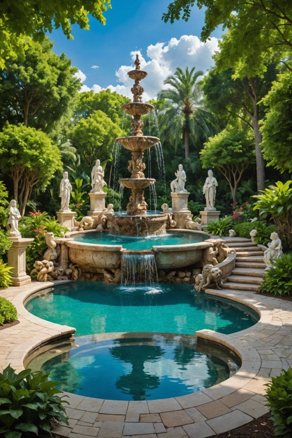 Raised Pools with Fountains and Statues