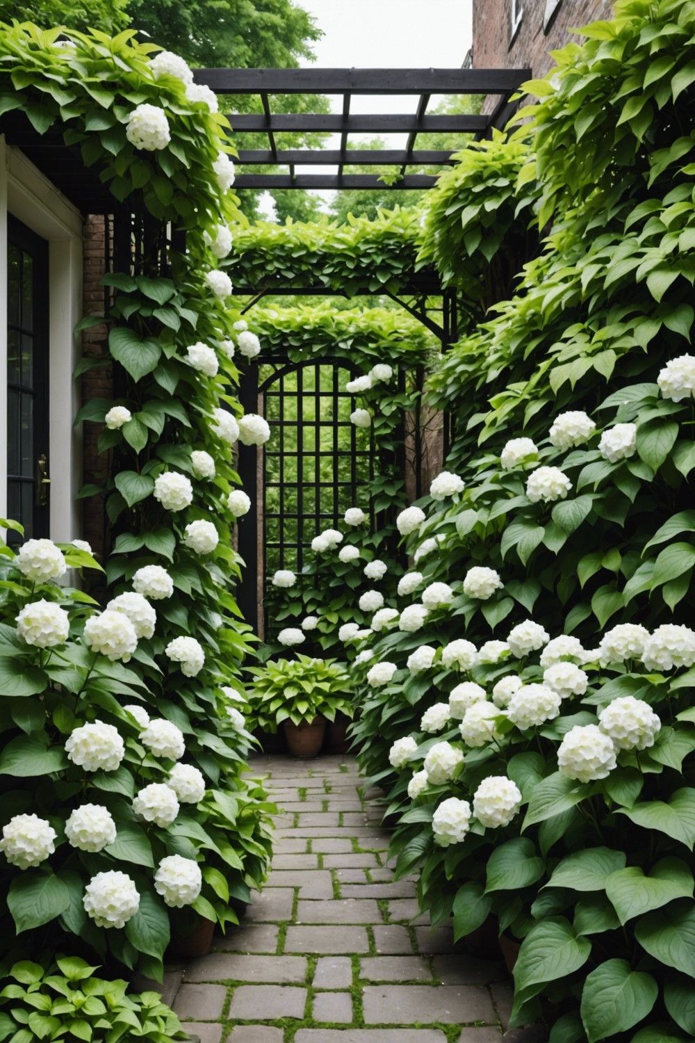 City Garden Style with Climbing Hydrangeas and White-Bloom Hostas