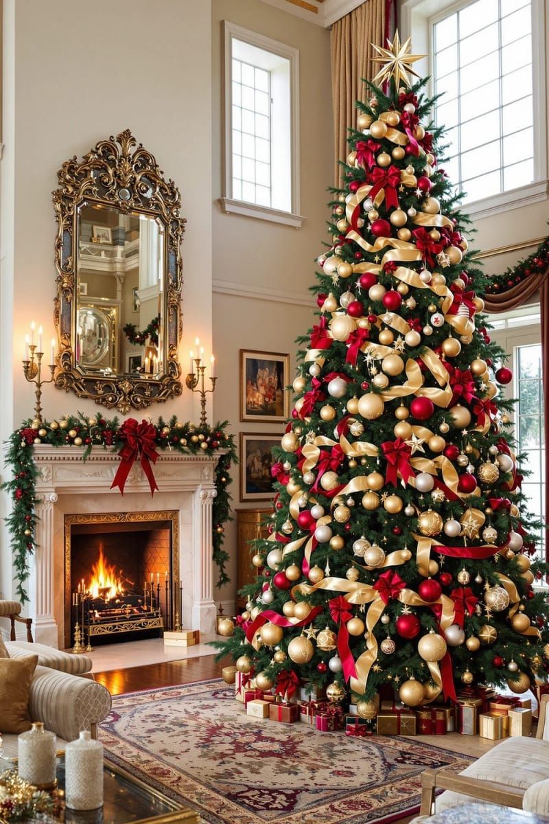 18. Red and gold ornaments on a stately fir tree