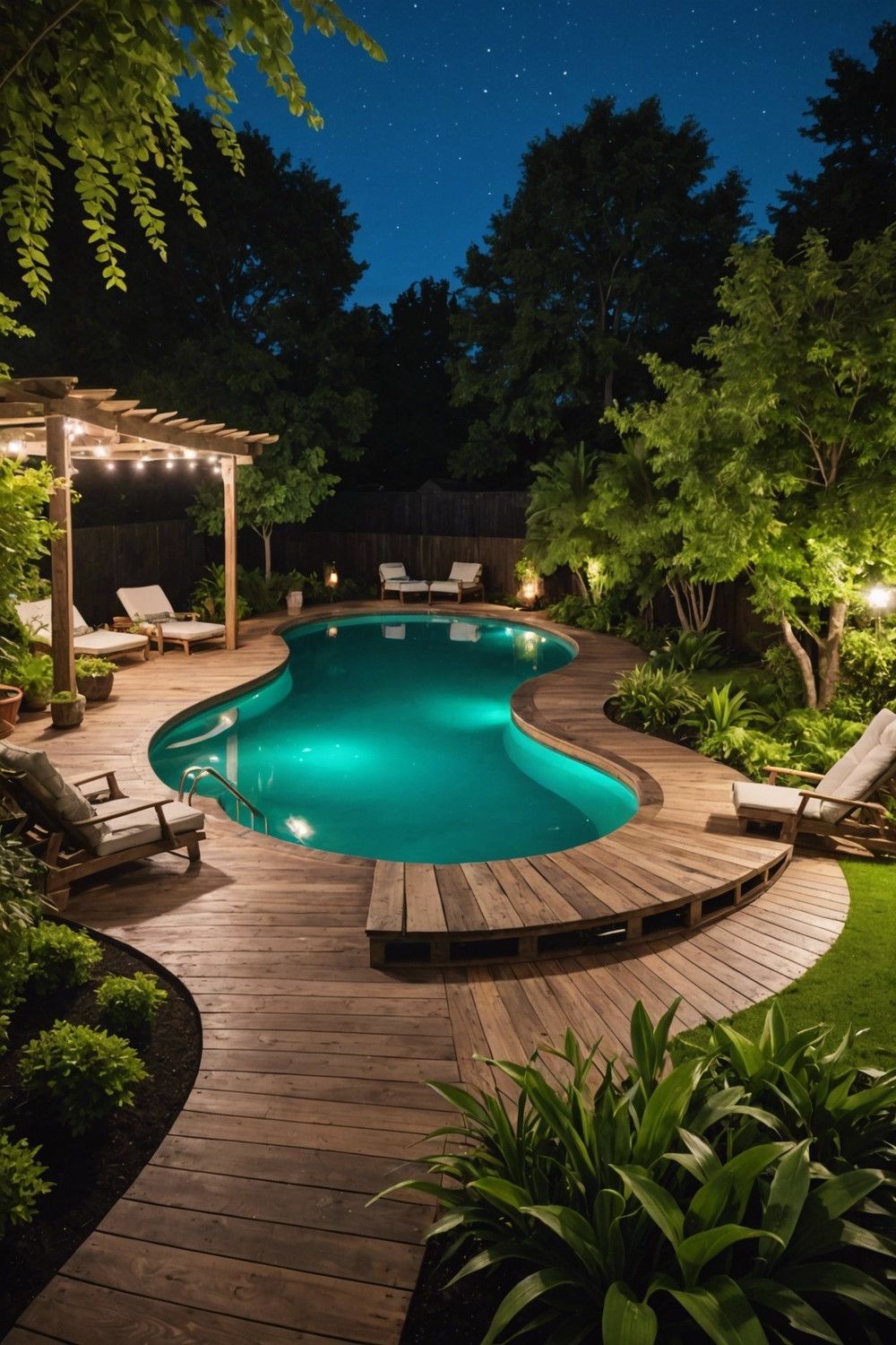 Curved Pallet Pool Decks Lit With LED Lighting
