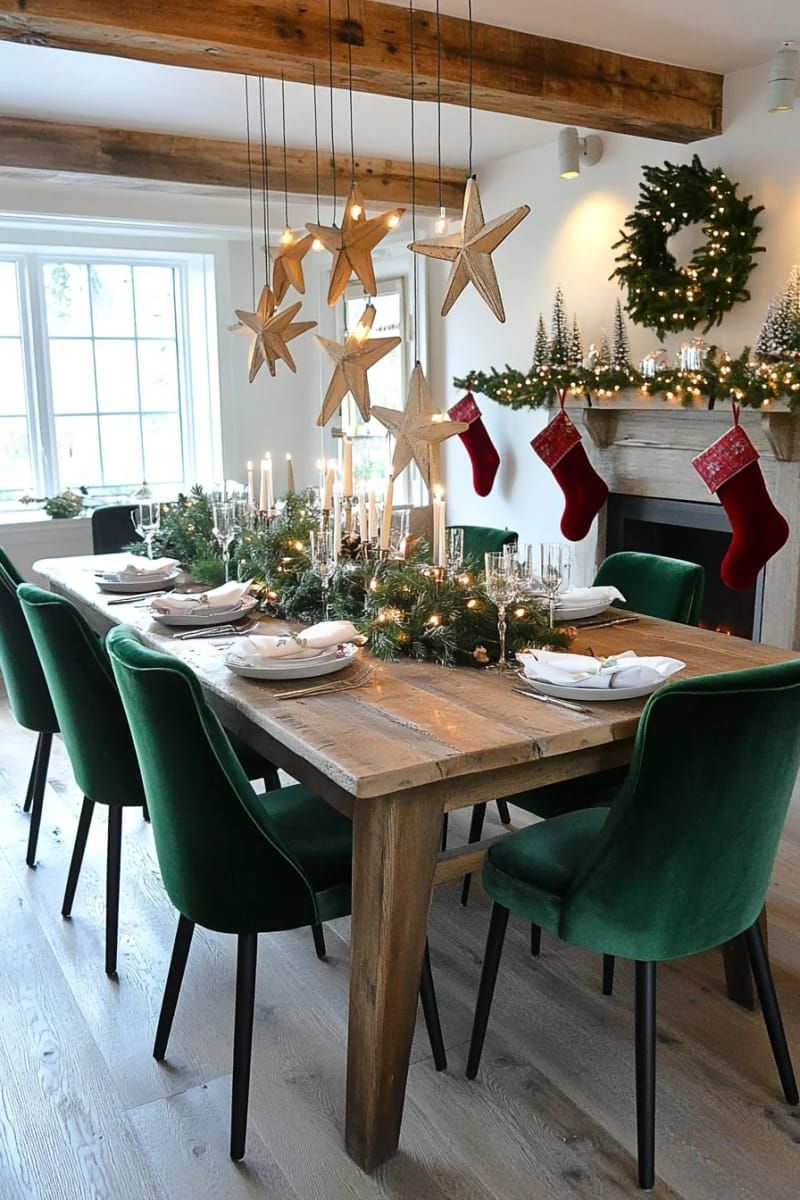 8. Snow-Dusted Branch Centerpiece with Wooden Stars